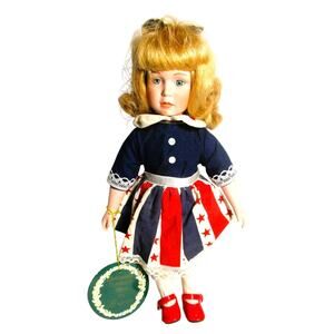 Brinn's Patriotic Porcelain Doll 12 inches with Red White Blue Outfit & Stand